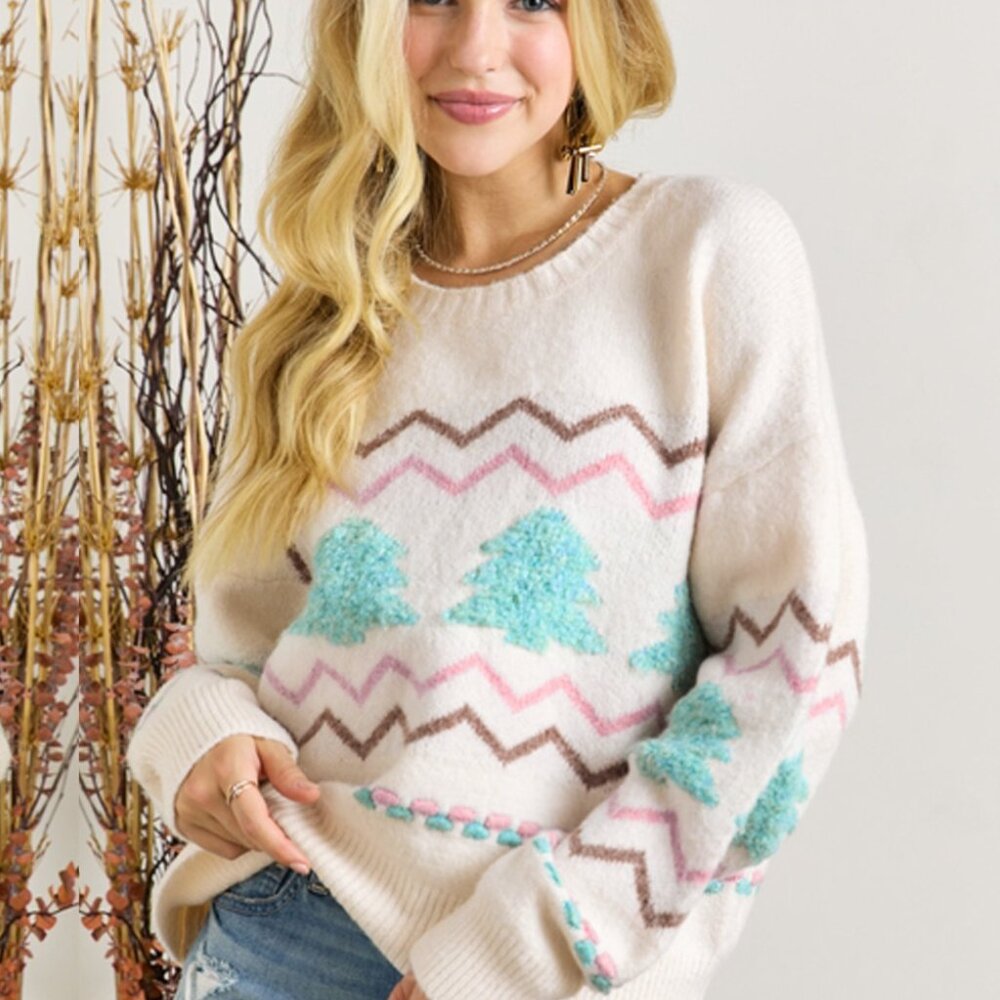 B230 White Striped Christmas Tree Ribbed Trim Drop Shoulder Sweater - Picture 2 of 4